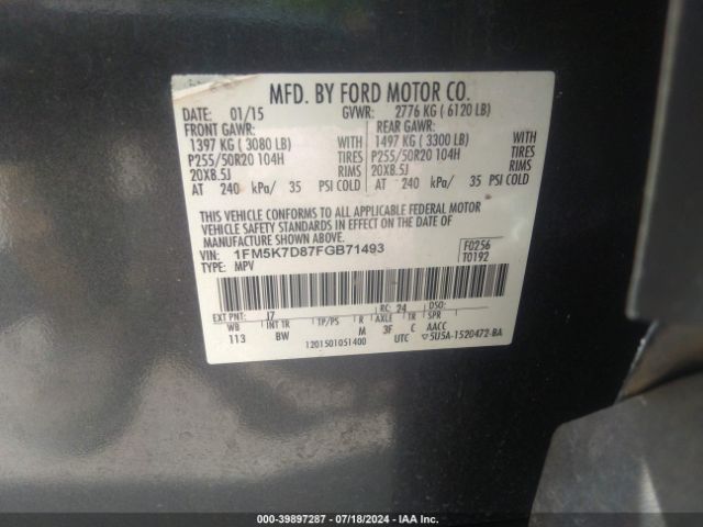 1FM5K7D87FGB71493 Ford EXPLORER XLT