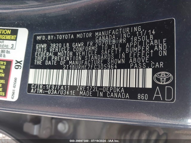 Toyota COROLLA L 2015 2T1BURHE7FC305964 Image 9