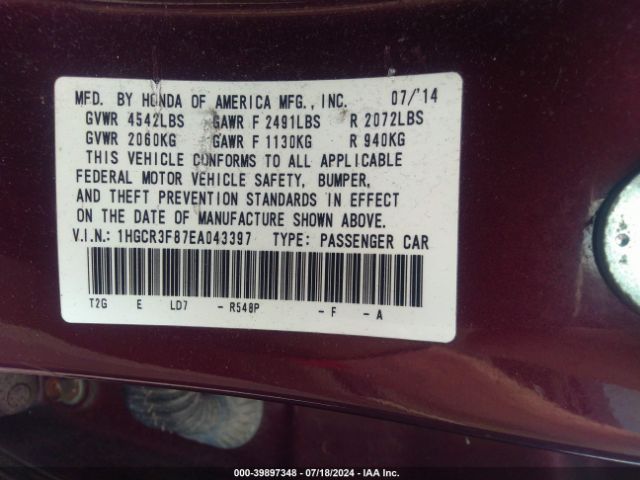 1HGCR3F87EA043397 Honda Accord Ex-l V-6