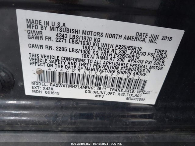 4A4AR3AUXFE041026 Mitsubishi Outlander Sport Es