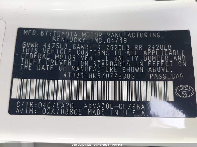 Toyota CAMRY SE 2019 4T1B11HK5KU778383 Image 9