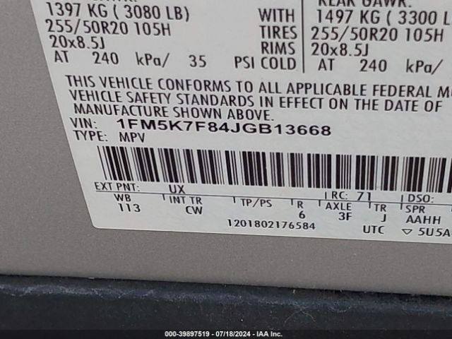 1FM5K7F84JGB13668 Ford Explorer Limited