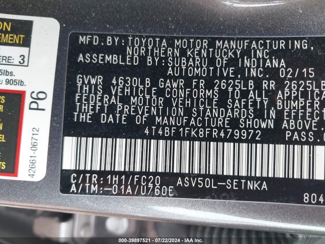 Toyota CAMRY LE 2015 4T4BF1FK8FR479972 Image 9