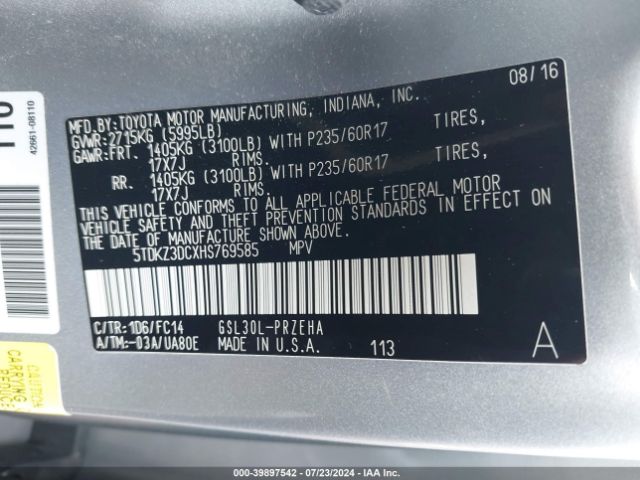 5TDKZ3DCXHS769585 Toyota Sienna Le 8 Passenger
