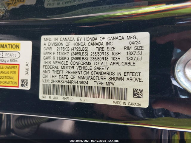 Honda Cr-v Ex Awd 2024 2HKRS4H44RH478924 Image 9