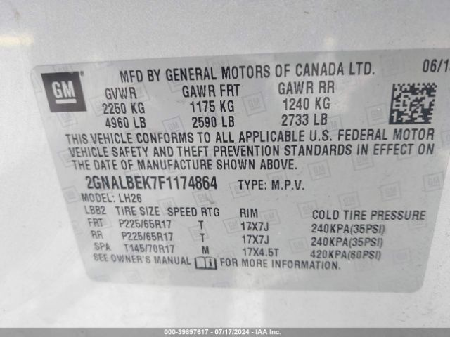 2GNALBEK7F1174864 Chevrolet EQUINOX 1LT