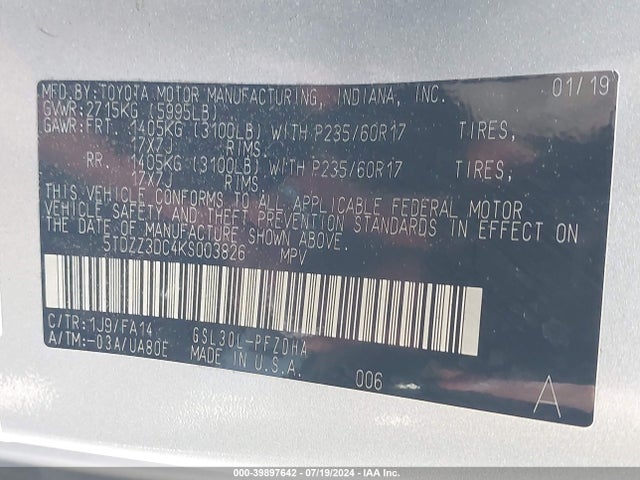 Toyota Sienna L 7 Passenger 2019 5TDZZ3DC4KS003826 Image 9