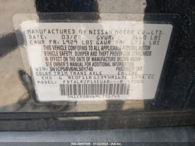3N1CP5BV6NL501745 Nissan Kicks S Xtronic Cvt
