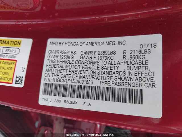 Honda ACCORD LX 2018 1HGCV1F15JA091686 Image 9