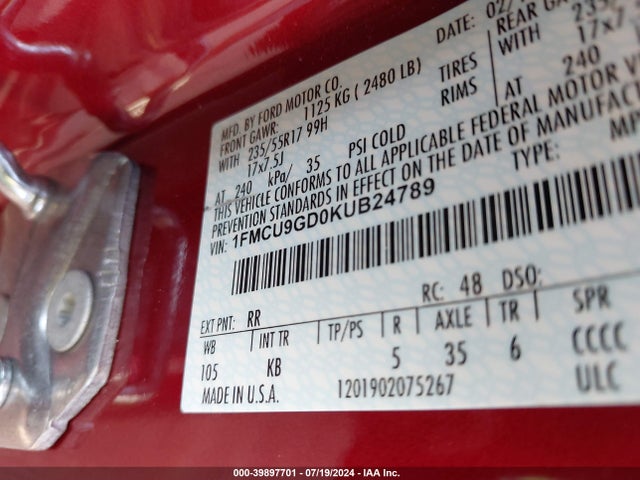 Ford ESCAPE SE 2019 1FMCU9GD0KUB24789 Image 9
