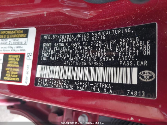 Toyota CAMRY XSE 2016 4T1BF1FKXGU579552 Image 9