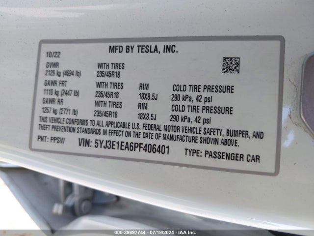 5YJ3E1EA6PF406401 Tesla Model 3 Rear-wheel Drive
