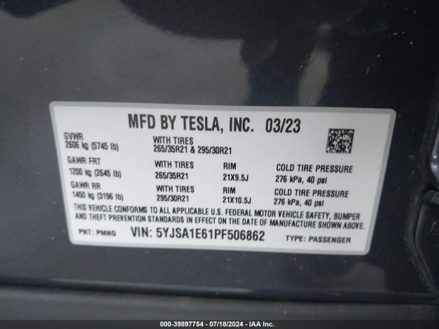 2023 TESLA MODEL S 5YJSA1E61PF506862 Photo 8