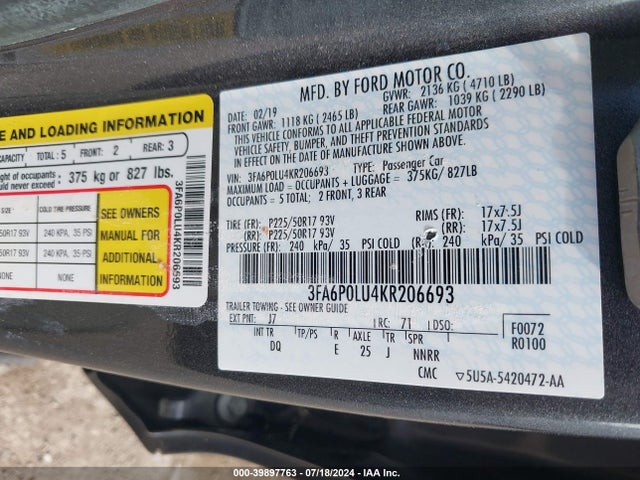 Ford Fusion Hybrid Se 2019 3FA6P0LU4KR206693 Image 9