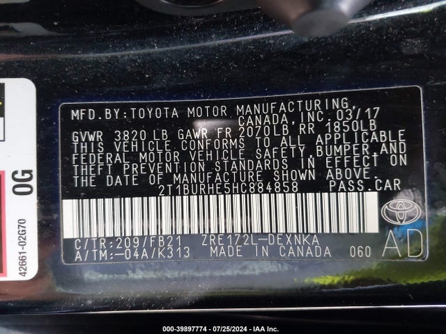 Toyota COROLLA LE 2017 2T1BURHE5HC884858 Image 9