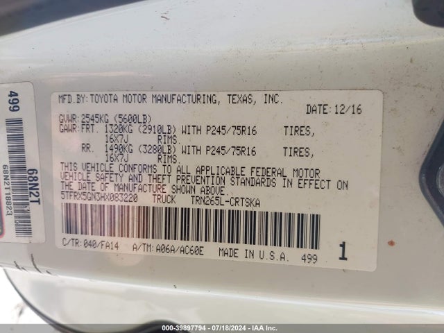 Toyota Tacoma Sr 2017 5TFRX5GN3HX083220 Image 9