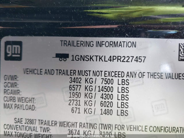 1GNSKTKL4PR227457 Chevrolet Tahoe 4wd High Country