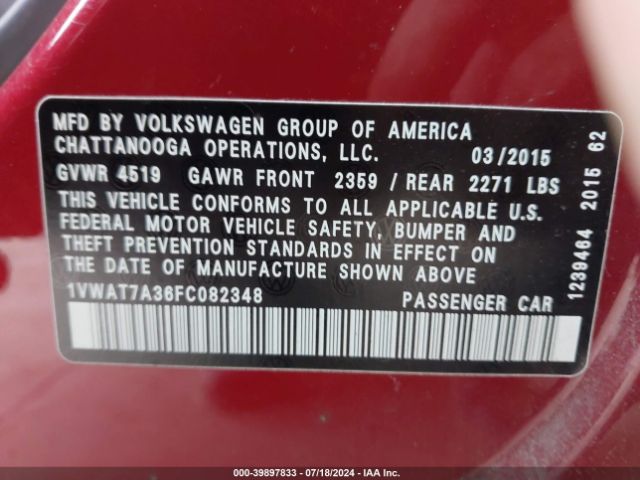 1VWAT7A36FC082348 Volkswagen Passat 1.8t Wolfsburg Edition