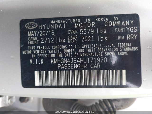 KMHGN4JE4HU171920 Genesis G80 3.8