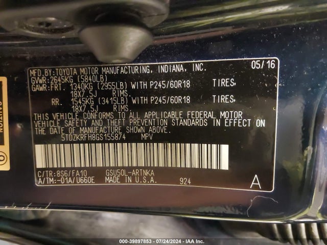 Toyota Highlander Le Plus V6 2016 5TDZKRFH8GS155874 Image 9
