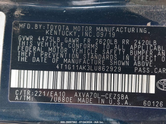 Toyota CAMRY SE 2020 4T1G11AK3LU862929 Image 9