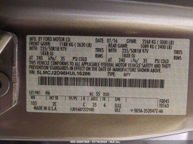 5LMCJ2D96HUL16286 Lincoln MKC SELECT
