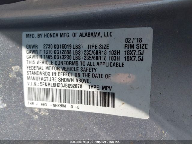 5FNRL6H28JB092078 Honda ODYSSEY LX