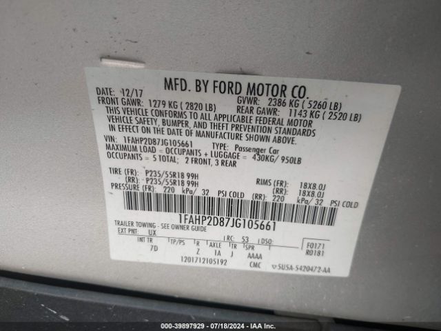 1FAHP2D87JG105661 Ford TAURUS SE