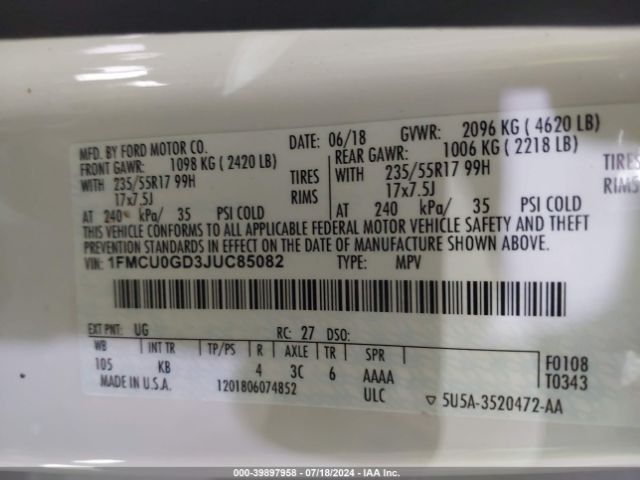 1FMCU0GD3JUC85082 Ford ESCAPE SE