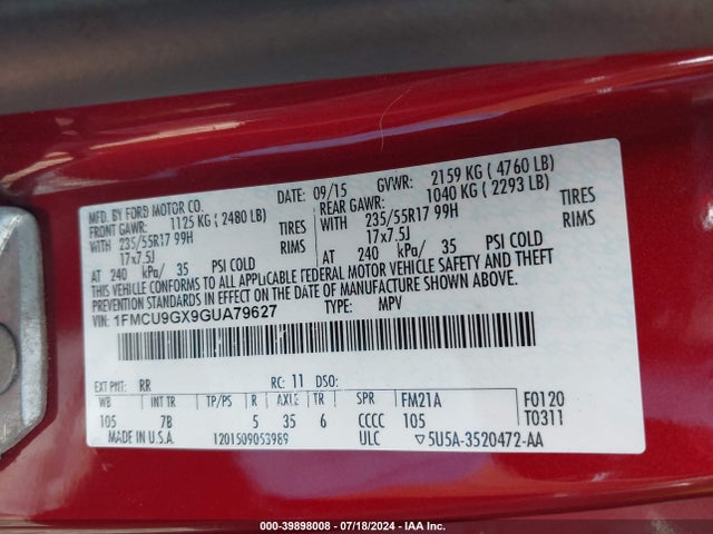 Ford ESCAPE SE 2016 1FMCU9GX9GUA79627 Image 9