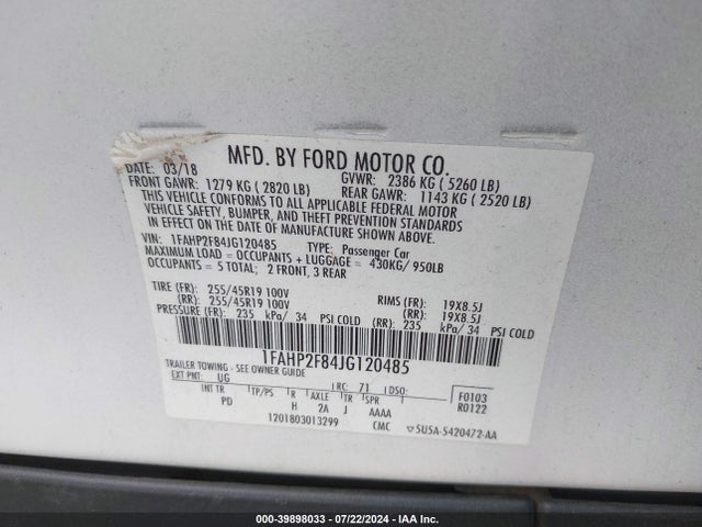 Ford Taurus Limited 2018 1FAHP2F84JG120485 Image 9