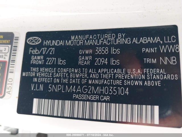 Hyundai ELANTRA SEL 2021 5NPLM4AG2MH035104 Image 9