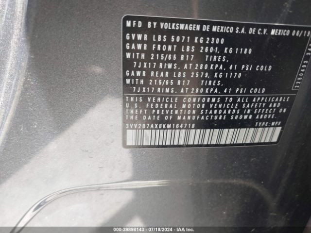 3VV2B7AX8KM164718 Volkswagen Tiguan 2.0t Se/2.0t Sel/2.0t Sel R-line/2.0t Sel R-line Black