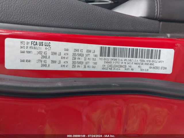 1C4RDJDGXHC884239 Dodge Durango Gt Awd