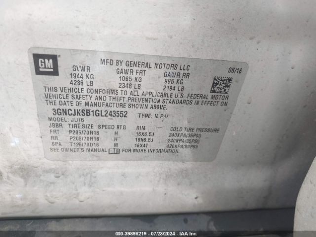 3GNCJKSB1GL243552 Chevrolet Trax 1ls