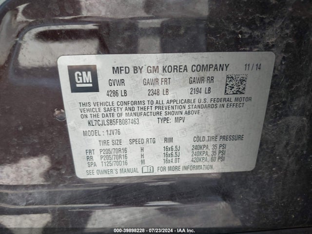 Chevrolet Trax Lt 2015 KL7CJLSB5FB087463 Image 9