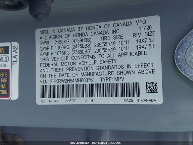 2HKRW2H94MH600761 Honda Cr-v Awd Touring