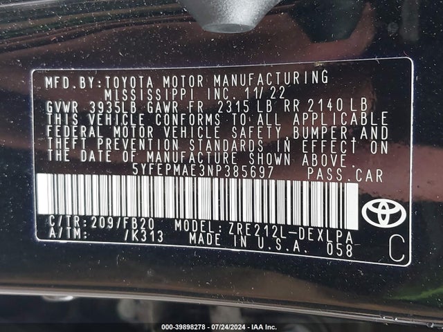 Toyota COROLLA LE 2022 5YFEPMAE3NP385697 Image 9