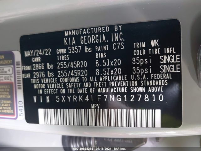 5XYRK4LF7NG127810 KIA SORENTO SX