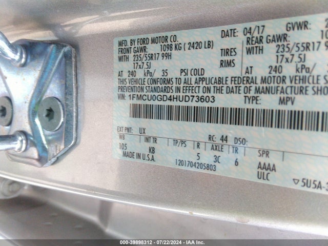 Ford ESCAPE SE 2017 1FMCU0GD4HUD73603 Image 9