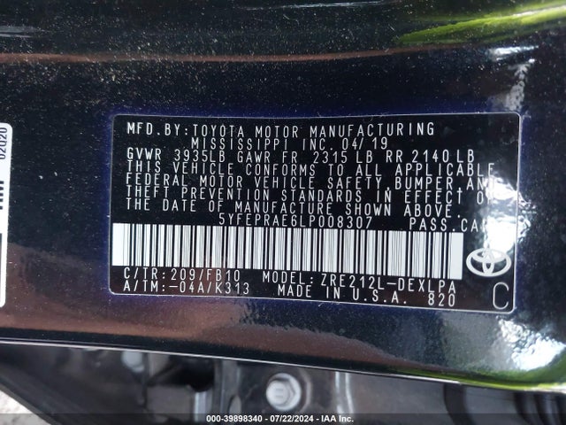 Toyota COROLLA LE 2020 5YFEPRAE6LP008307 Image 9