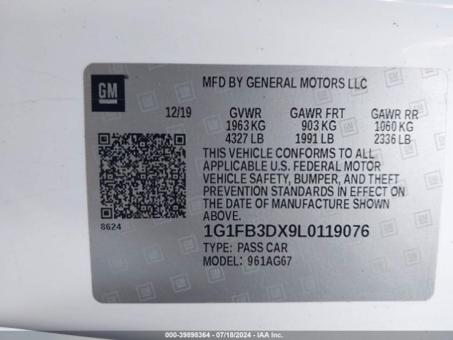 1G1FB3DX9L0119076 Chevrolet Camaro Rwd  1lt