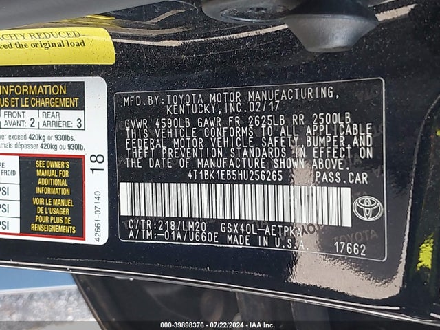 Toyota AVALON LIMITED 2017 4T1BK1EB5HU256265 Image 9