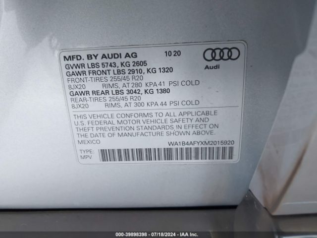 WA1B4AFYXM2015920 Audi Sq5 Premium Plus Tfsi Quattro Tiptronic