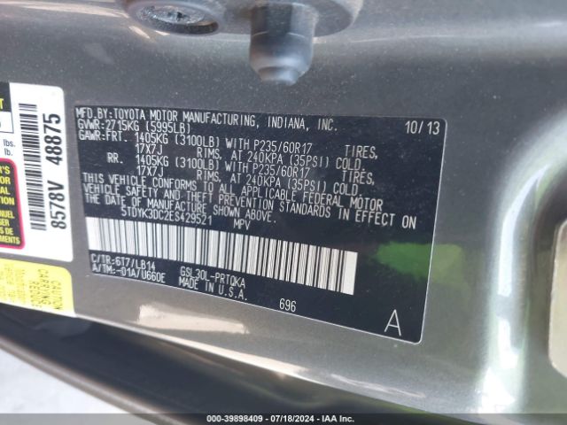 5TDYK3DC2ES429521 Toyota Sienna Xle V6 8 Passenger