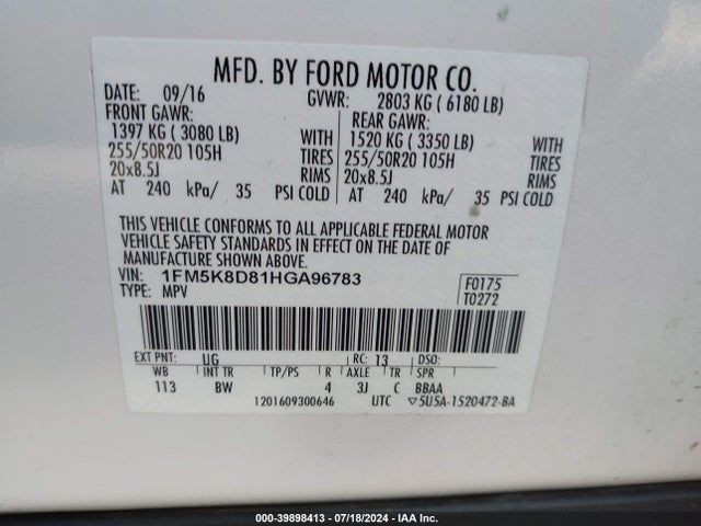 Ford EXPLORER XLT 2017 1FM5K8D81HGA96783 Image 9