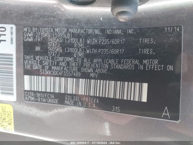 5TDKK3DC4FS557489 Toyota Sienna Le 8 Passenger