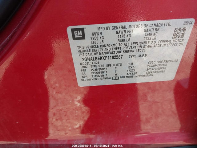 Chevrolet EQUINOX 1LT 2015 2GNALBEKXF1102587 Image 9