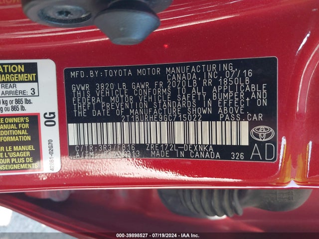 Toyota COROLLA LE 2016 2T1BURHE9GC715022 Image 9