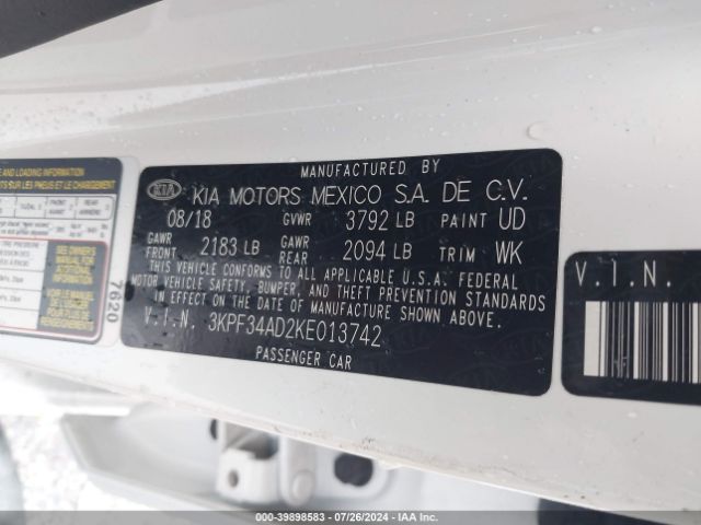 3KPF34AD2KE013742 KIA FORTE S